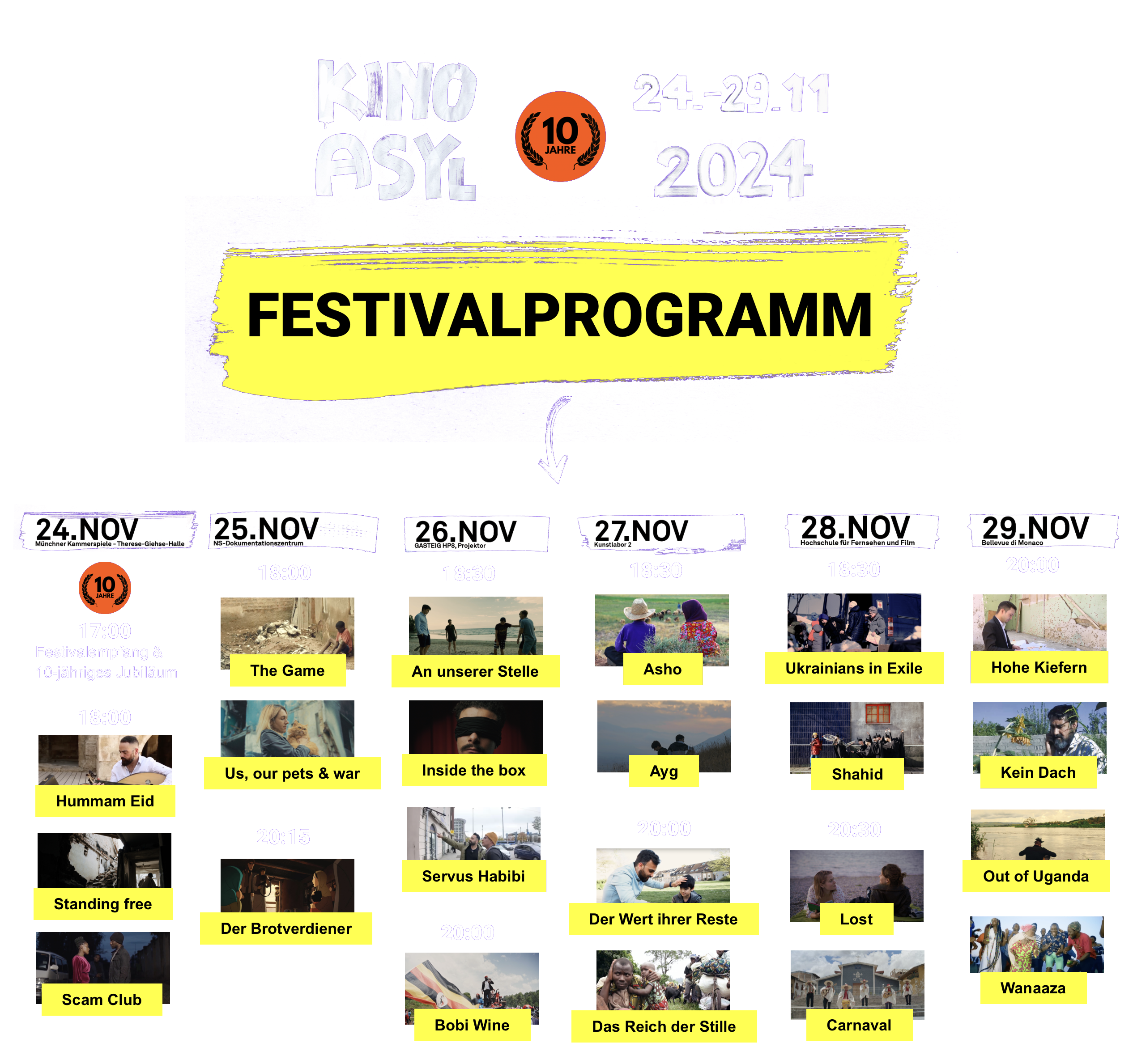 Das Festivalprogramm von KINO ASYL 2024. Beginn am 24. Nov in den Münchner Kammerspielen, anschließend am 25. Nov im NS-Dokuzentrum, 26. Nov im HP8, 27. Nov Kunstlabor, 28. Nov HFF, 29. Nov Bellevue di Monaco